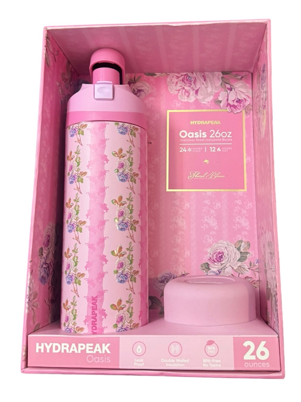 Hydrapeak Oasis 26 oz Stainless Steel Insulated Water Bottle Floral Bloom Pink